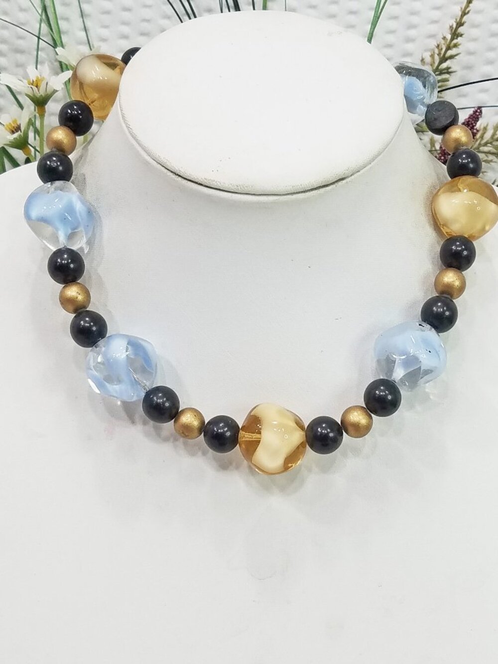 Circa 1990s Signed Carol Dauplaise Pale Blue Honey & Black Bead Choker Necklace